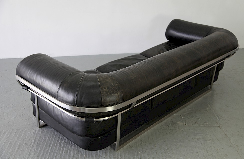 Mid Century Modern Jacques Charpentier Real Leather Lounge Sofa - Made in France_7