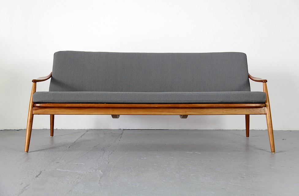 Mid Century Modern Cheery Wood Three Seater Sofa by Hartmut Lohmeyer for Wilkhahn - Made in Germany_1