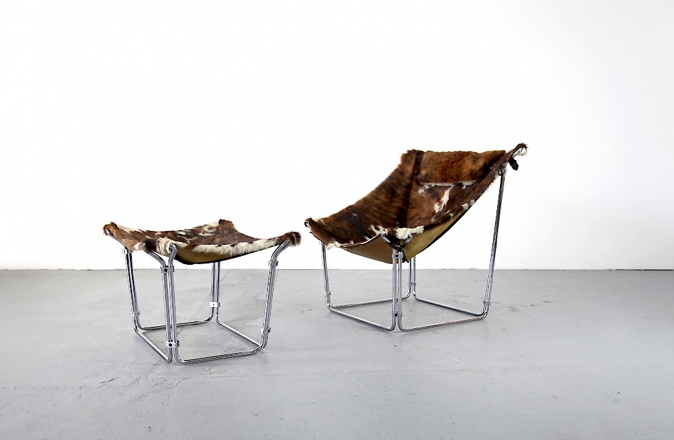 Cowhide Lounge Chair with Ottoman Turbular Steel by Kwok Hoi Chan for Steiner Paris France 1969 Mid Century Modern_1