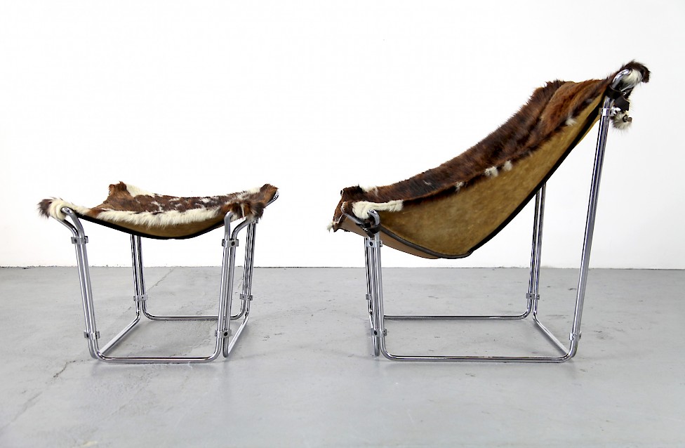 Cowhide Lounge Chair with Ottoman Turbular Steel by Kwok Hoi Chan for Steiner Paris France 1969 Mid Century Modern_12