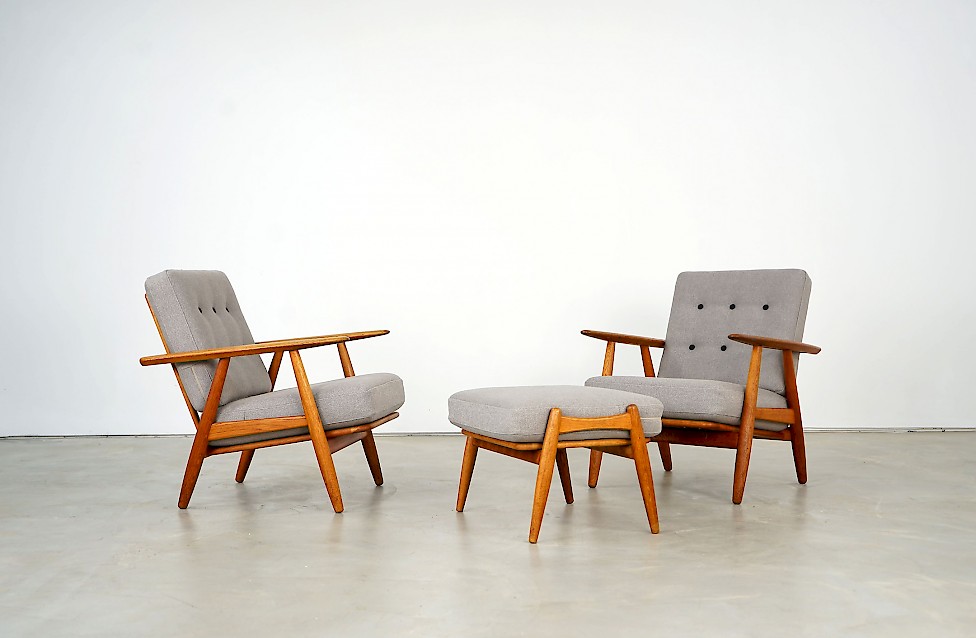 Two Cigar Easy Chairs and one Stool by Hans J. Wegner